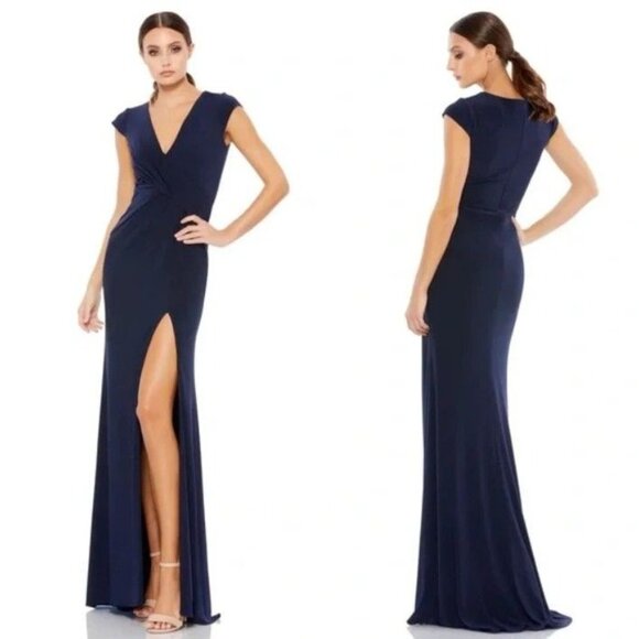 Mac Duggal Dresses & Skirts - NWT Ieena by Mac Duggal 26504 V-Neck Ruched Navy Jersey Gown Maxi Dress Size 2